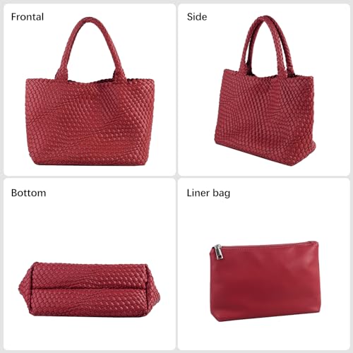 Woven Tote Bag Womens Purse Vegan Leather Shoulder Handbags Fashion Summer Beach Tote Bags Large Travel Totes - color: Red