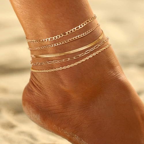 Ritach Ankle Bracelets for Women - Silver/Gold Plated Stainless Steel Anklets for Women Waterproof Layered Cuban Link Figaro Chain Heart Anklets Set Summer Beach Jewelry Gifts - color: Gold-Snake & Paperclip & Figaro & Twist & Cuban Chain