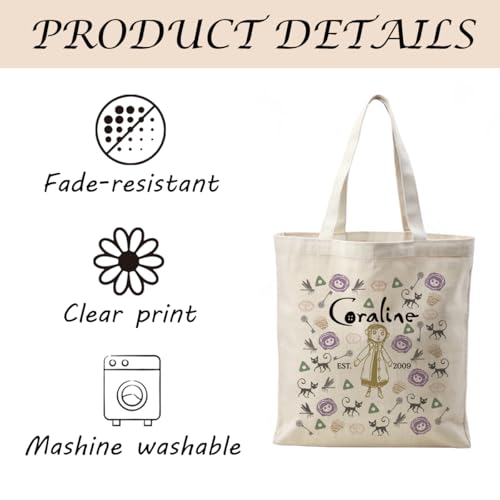 Canvas Tote Bag Aesthetic for Women,Reusable Canvas Cute Shoulder Bag for Grocery, Shopping, Beach & Daily Use - color: Coraline