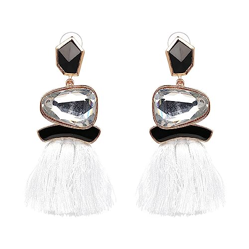 Vintage Long Tassel Drop Dangle Earrings Rhinestone Water Heart Leaf Shaped Boho Statement National Ethnic for Women Multicolor Boho Jewelry - color: White