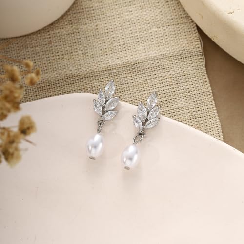 Pearl Earrings for Women Dainty Diamond Pearl Drop Earrings 14k Gold Plated Dangle Earrings for Women Weddings Gifts Bridesmaid Gifts - color: D-silver pearl earrings