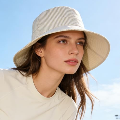 Women's Summer Sun Hat - Reversible Design with Striped Lining Adjustable Brim for Travel and Outings Cap - color: Stripes-beige