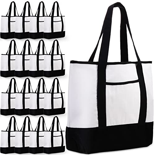 Reginary 16 Pcs Canvas Tote Bags Bulk with Outer Pocket 18 Inch Reusable Shopping Grocery Blank Tote Bag for Women Mother DIY (Black White) - color: Black White
