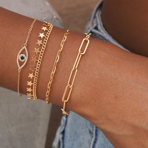 Dremmy Studios Gold Bracelet for Women 18K Gold Plated Dainty Paperclip Cubic Zirconia Disc Coin Star Cable Satellite Bead Pearl Simple Boho Minimalist Stacking Layered Link Jewelry Gift - color: Paperclip A
