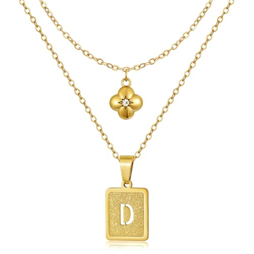 KELORIS PATH Layered Initial Necklaces for Women, 18K Gold Plated Stainless Steel Necklaces Set with Dainty Four Leaf Clover Square Cutout Letter Pendant, Fashion Jewelry for Gifts - style: D Letter