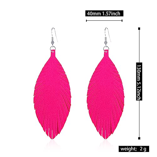 Large Genuine Soft leaf Leather Handmade Fringe Tassel Feather Lightweight Tear Drop Dangle Color Earrings for Women - color: Hot Pink