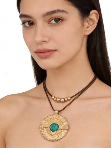Jeilwiy Leather Necklace for Women Funky Necklace Choker String Cord Necklace with Pendant Boho Style Jewelry - style: Turquoise Pendant Brown Leather