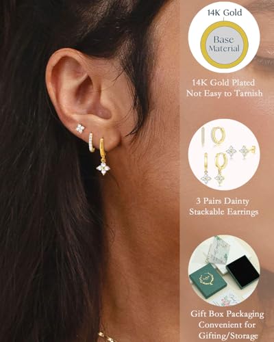 3 Pairs Gold Hoop Earrings Set for Women, Hypoallergenic 14K Gold Plated Huggie Earrings Stacks for Multiple Piercing Dainty Stud Earring Cartilage Birthstone Earring Women Jewelry Gift - color: 04. April(Diamond)