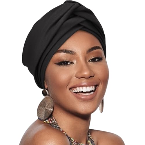AQOKKA African Turban for Women Knotted Hair Wraps for Turban Head Scarf for Black Women Hair Cancer Chemo Headwear Cap - color: Twisted Braid: 1 Pack Black