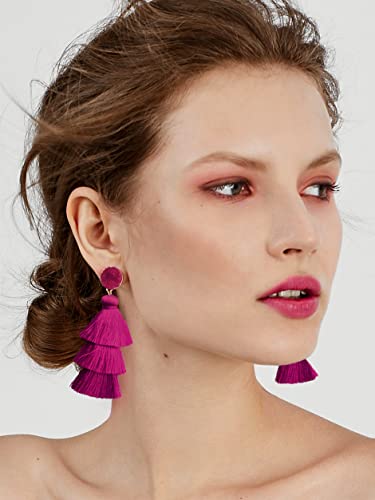 Me&Hz Colorful Layered Tassel Earrings Bohemian Statement Tiered Tassel Big Dangle Drop Earrings for Women Druzy Studs Valentine’s Day Gift - color: Magenta