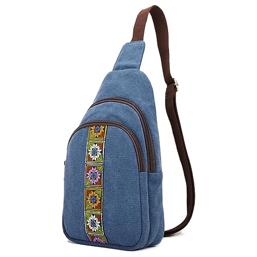 SILKAREA Canvas Sling Bag for Wome Crossbody Purse Small Sling Backpack Purse Travel Hiking Chest Bag Daypack - color: Navy Blue