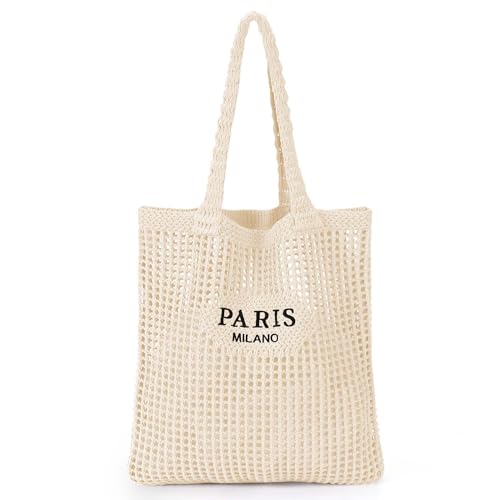 Ayieyill Crochet Tote Bag For Women, Crochet Mesh Beach Tote Bag Summer Vacation Aesthetic Boho Knit Bag for Women - color: G/Beige