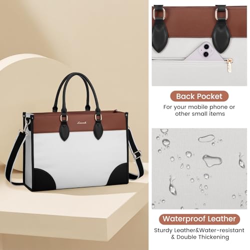 LOVEVOOK Laptop Bag for Women 15.6 lnch,Waterproof Laptops Tote Bags for Womens,Professional Work Bags for Women with Cup Holder,Large Laptop Purse Computer Briefcase Office Teacher Clutch Bag,2 PCS - color: Off-white - Black - Chestnut Brown, size: 15.6