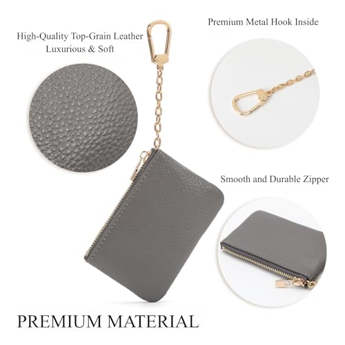 Full Grain Leather Coin Purse with Key Chain - Small Change Purse Keychain Card Holder Keychain Pouch Small Keychain Wallet for Women and Men (Gray) - color: Gray, Regular Size