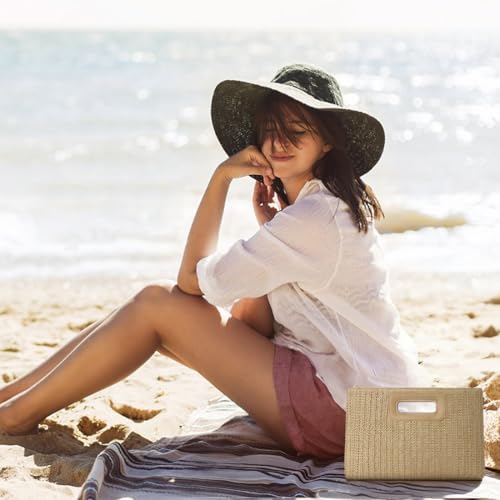 Beach Clutch Bag Straw Summer Clutch Purses for Women Handmade Woven Purse Detachable Gold Chain, Crossbody - color: Khaki