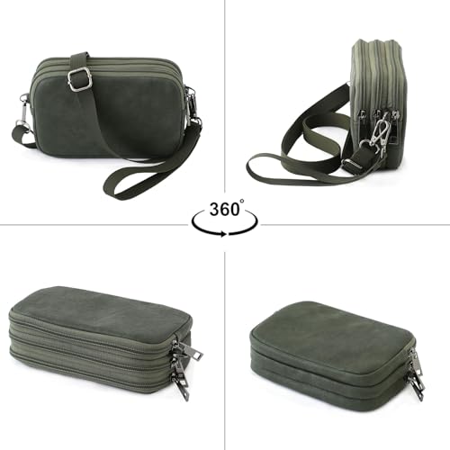Small Wristlet Wallet for Women, 3-Zip Crossbody Phone Purse - color: Olivegreen/Pu