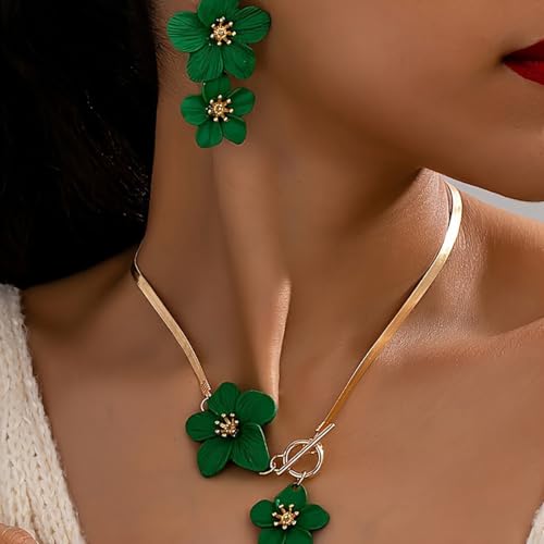 Vintage Flower Necklace Earring Set Gold Snake Chain Necklace Bohemian Large Double Flower Choker Necklaces Hypoallergenic Statement Flower Stud Earrings Elegant Bridal Wedding Summer Beach Jewelry - color: Green