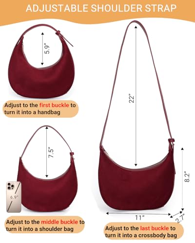 Herald Suede Crossbody Bag for Women, Vintage Hobo Handbag Crescent Shoulder Purses with Adjustable Strap Winter Fall - color: Red