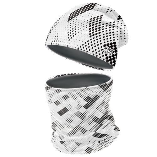 WK IEASON Winter Thermal Fleece Hat Scarf Set for Men Women Warm Windproof Cap Neck Warmer Fleece Beanie Scarf Set for Skiing - color: White/Black Dots