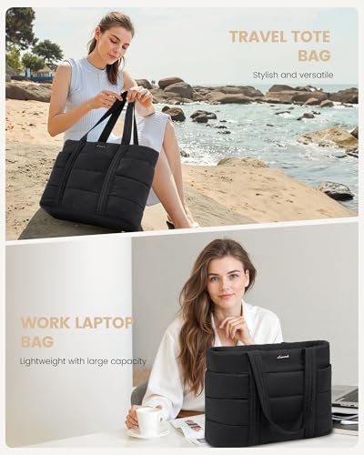 LOVEVOOK Tote Bag for Women, Large Puffer Work Tote Laptop Bag, Lightweight Travel Tote Bag with Zipper Gifts for Women - color: Black-b, size: 15.6 Inch