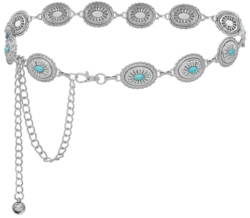 Women Western Chain Belt Adjustable Turquoise Metal Waist Chain Boho Chain Link Belt for Jeans or Dresses - color: Turquoise Silver, size: XL: 59 in/150 cm