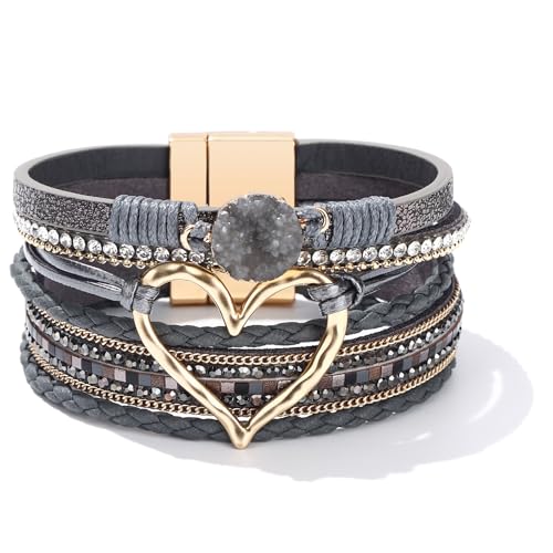 Long tiantian Boho Leather Wrap Bracelets Gifts Trendy Stuff Layered Bangles Bracelets for Women Modern Stackable Infinity Bracelets Bohemian Jewelry Gifts for Women Birthday Gifts - color: B9:Bangle Bracelets(grey)