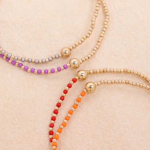 Gold Beaded Stackable Friendship Bracelets Set for Women, Handmade Boho Stretch Summer Jewelry Gift. - color: gold orange gray red purple