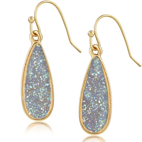 Teardrop Dangle Earrings for Women with Simulated Druzy Stones, in Gold or Rose Gold Tone - color: Gold - Light Blue Stone