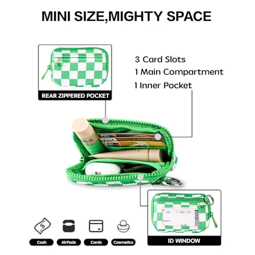 Wristlet Wallet for Women Mini Zip Card Case with Clear ID Window Zipper Coin Purse Lightweight Portable Keychain Wallet - color: Green Lattice