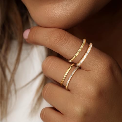 Florideco Stackable Rings for Women 14K Gold Plated Stackable Thin Ring Minimalist Non Tarnish Cubic Zirconia Band Rings Dainty Trendy Statement Stacking Ring Set Size 5-10 - color: Gold Tone