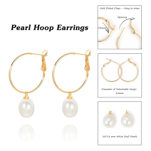 Gold Plated Huggie Hoop Earrings with Charms Fashion Pearl Drop Dangle Earrings for Women Handmade Karma Circle Jewelry for Ladies Lightweight Pearl Earrings on Christmas - color: shell pearl