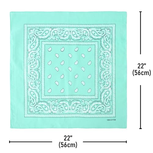 Falari 12 Pack Bandanas Multipurpose Cotton Novelty Paisley Bandana Headband for Cowboy Men Women 22 x 22 - color: Mint