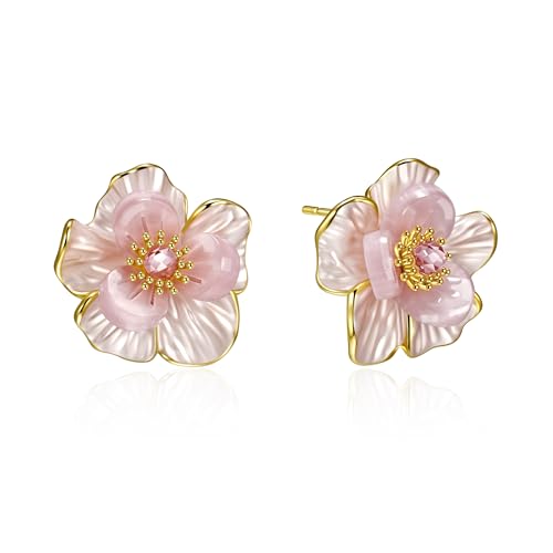 Pink Flower Earrings for Women, 925 Sterling Silver Stud Earrings, Cute Plumeria Earrings For Women, Cherry Blossom Hypoallergenic Stud - color: Pink Peach Blossom