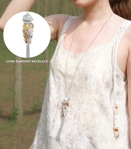 Noessla Boho Long Pendant Necklaces for Women Silver Tassel Long Necklace Sweater Chain Mothers Day Gifts Silver Costume Jewelry for Women - color: 81-Natural