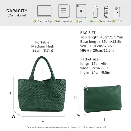 Woven Tote Bag Womens Purse Vegan Leather Shoulder Handbags Fashion Summer Beach Tote Bags Large Travel Totes - color: Blackish Green