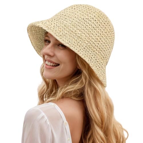 Womens Floppy Straw Sun Hat Packable Wide Brim Summer Beach Hat Foldable Crochet Bucket Hats - color: Begie 2