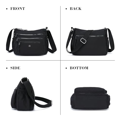 AOCINA Crossbody Bags for Women Multi Pocket Nylon Lightweight Ladies Purses Messenger Shoulder Handbags Satchel Travel Bag - color: Black, size: Small