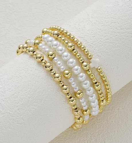 Gold Beaded Bracelets for Women, 14K Real Gold Plated Jewelry for Women Dainty Pearl Bead Bracelets Stack, Non Tarnish Trendy Stackable Ball Cross Stretch Bracelet Set Fashion Accessories Gifts - color: Gold white cross bead