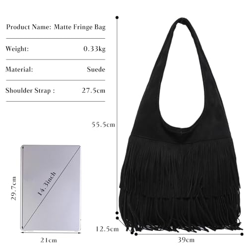 CORIOS Women Suede Handbag Vintage Fringe Hobo Bag Shoulder Bag with Tassel Hippie Western Purse Large Tote Bag - color: Black
