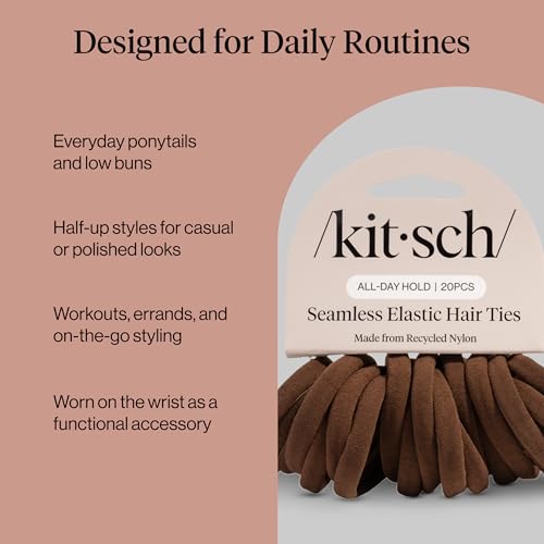 Kitsch Hair Ties No Damage - Strong, Stretchy Hair Bands | Soft Nylon Ponytail Holders, Snag-Free Rubber Bands, Perfect for Updos & Braids | Ideal Gifts for Women - Chocolate, 20pcs - color: Chocolate (Pack of 20)