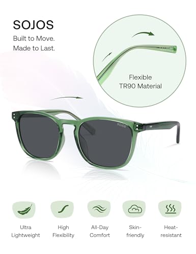 SOJOS Unisex Rounded Square Polarized Sunglasses TR90 Frame UV400 Protection Lightweight Retro for Women & Men - color: Green/Grey