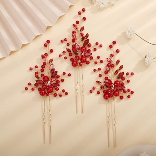 3pcs Red Crystal Hair Pins Long Side Hair Piece for Wedding Brides Bridesmaid Boho Hair Accessories for Prom (Red)