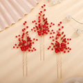 3pcs Red Crystal Hair Pins Long Side Hair Piece for Wedding Brides Bridesmaid Boho Hair Accessories for Prom (Red)