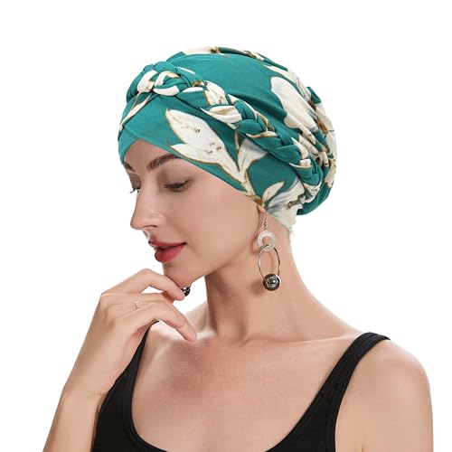 ZLYC Chemo Headwear for Women Pre Tied Turban Headwear Lightweight Beanie Hat - color: Braid Floral Teal
