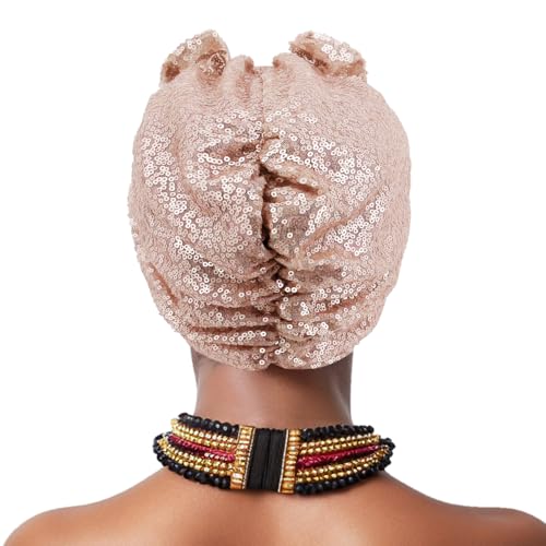 Erinaco Women Sparkle Sequin African Turban Bow Knot Pre-Tied Cap Pleated Ruffle Bonnet Beanie Hat Headwrap Skull Caps - color: Champagne Sequin