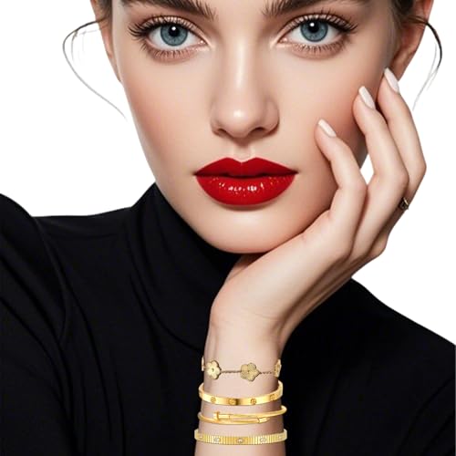 Womens Stackable Floral Gold Bracelets - 4Pcs 18K Gold Plated Bracelet,Stainless Steel Bangle Bracelets Non Tarnish, Gold Bracelet Set Trendy Jewelry,Christmas Valentines Birthday Gifts for Girlfriend - color: Bracelets Stack 4Sets (Floral Gold Bracelets,