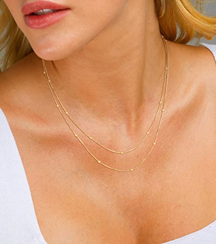 CHESKY 14k Gold Plated/Silver Plated Dainty Necklace for Women, Trendy Satellite Choker Necklace Thin Beaded Layered Choker Necklaces Discs Paperclip Chain Necklaces Womens Simple Jewelry - style: 2layerSatellite-GD