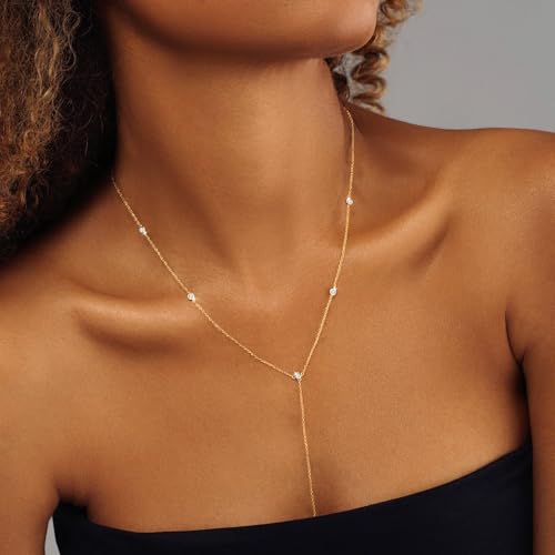 Foxgirl Lariat Gold Necklace for Women, Dainty Long Necklace 14k Gold Plated/Silver Y-Shaped Pendant Necklace Trendy Layered Cz Beaded Chain Drop Necklaces Simple Gold Jewelry For Women Gift - color: Y five diamond-GD
