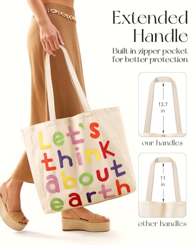 Miss Adola Embroidery Tote Bag with Pocket & Buckle - Reusable Canvas Tote for Women Cute Aesthetic Work Shopping Grocery Bag - style: Word