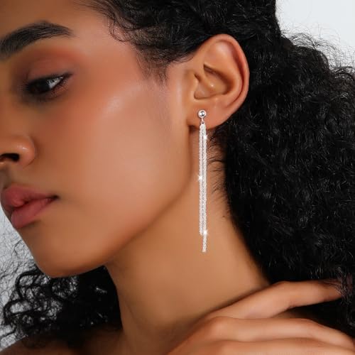 Long Dangle Earrings for Women 925 Sterling Silver/14K Gold Plated Tassel Chain Dangle Drop Earrings for Women Dainty Minimalist Dangling Drop Earrings for Prom Party Jewelry - style: Chain-4-Gold